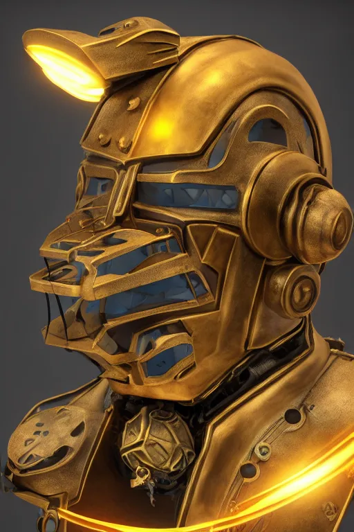 Image similar to steampunk mask minimalist fantasy art robot ninja helmet, global illumination ray tracing hdr fanart arstation by sung choi and eric pfeiffer and gabriel garza and casper konefal radiating a glowing aura