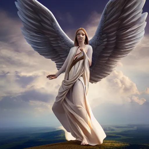 Prompt: gigantic biblical depiction of an angel mixed with a woman, towering over a vast landscape, cinematic, realistic, photorealistic, detailed, white body, global illumination, volumetric lighting, 8 k, beautiful, majestic clouds