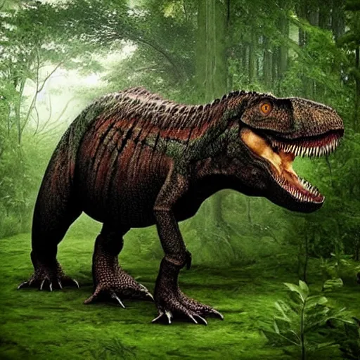Image similar to “a Tyrannosaurus rex walking through a prehistoric forest”