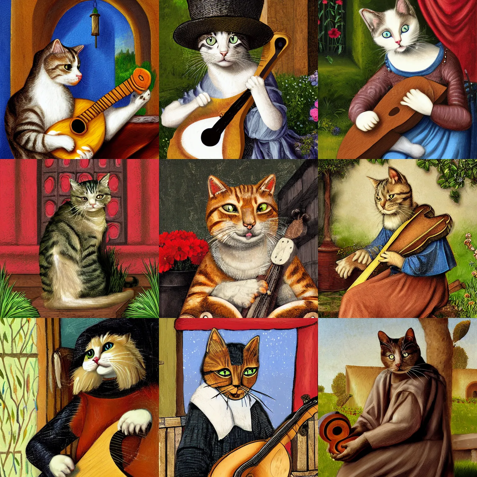 Prompt: cat with lute, sitting in the garden, medieval portrait, digital art, close up