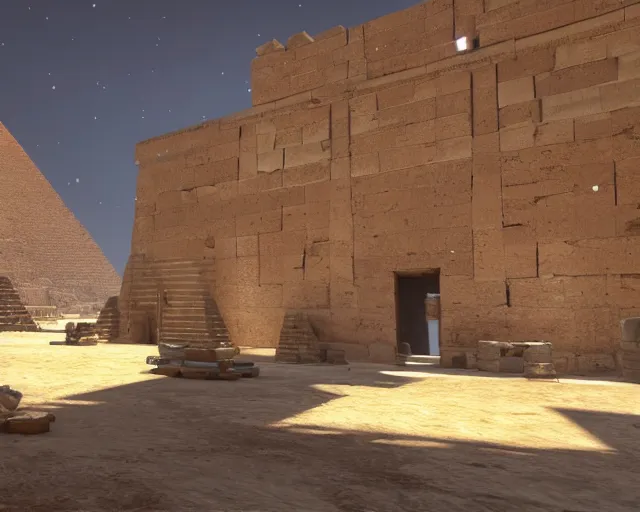 Image similar to screenshot ps 5 videogame in an ancient egypt undiscovered room with a box full of money ingots and gems and precious, concept art, architecture design, pyramids style, rtx, nvidia, renderer, stunning graphics