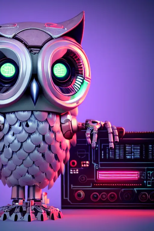 Image similar to high quality 3 d render very cute cyborg owl! with boombox!, cyberpunk highly detailed, unreal engine cinematic smooth, in the style of blade runner & detective pikachu, hannah yata charlie immer, moody light, low angle, uhd 8 k, sharp focus