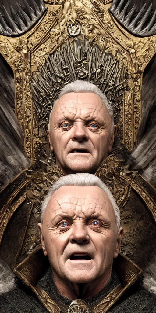 Image similar to anthony hopkins, majestic king on a throne, dungeons and dragons, fame of thrones masterpiece by edgar maxence and ross tran and michael whelan, gustav dore, 8 k, octane render