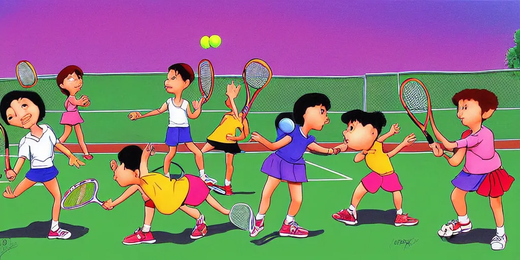 Image similar to digital art of anatomically correct kids playing tennis by quino