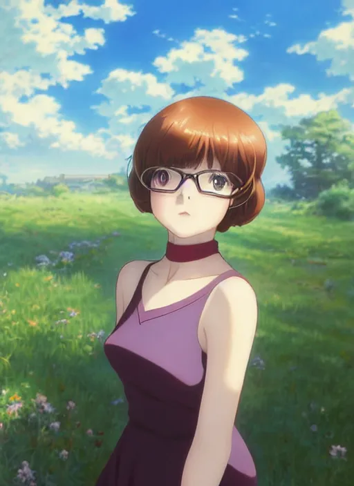 Image similar to Painting of Velma Dinkley in the style of Violet Evergarden, anime style, winged eyelashes, countryside, calm, fantasy character portrait, dark outlines, dynamic pose, above view, sunny day, artwork by Makoto Shinkai, very coherent asymmetrical artwork, sharp edges, perfect face, simple form, 100mm