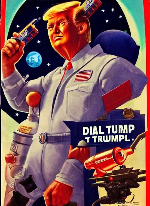 Image similar to 5 0 s sci fi pulp magazine cover of donald trump astronaut on mars holding a ray gun by norman rockwell, by drew struzan, high res