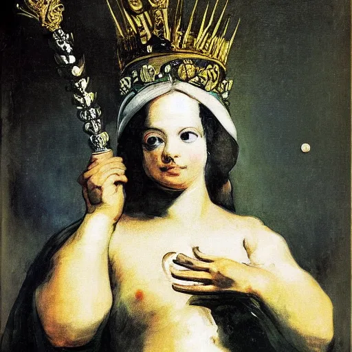 Prompt: Artemixel, the modern reincarnation of the old selenium god of hunt, also known as Artemis the Selene, carrying the celebrated Crown of the Crescent Moon, wich its usual bright and slightly bluish crescent like the brightness of the night. Portrait by Francisco de Goya, oil on canvas