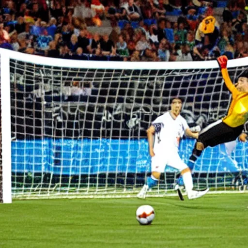 Prompt: a soccer player scoring an epic goal against a goalkeeper wearing a sombrero