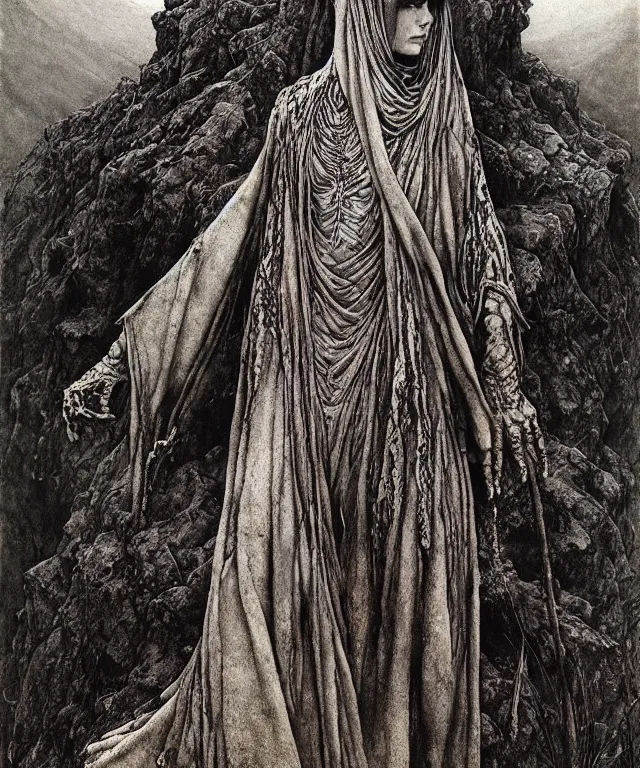 Image similar to A detailed snakewoman stands among the hills. Wearing a ripped mantle, robe. Extremely high details, realistic, fantasy art, solo, masterpiece, art by Zdzisław Beksiński, Arthur Rackham, Dariusz Zawadzki