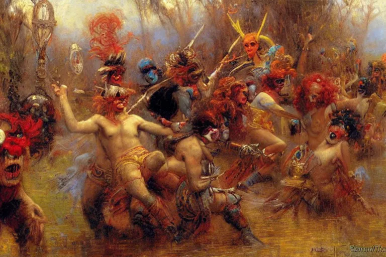 Prompt: war of the clowns. art by gaston bussiere.