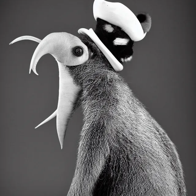 Prompt: a black and white studio portrait of an anteater wearing sunglasses and a flamboyant hat. Tri-X art photography.