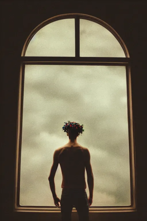 Image similar to kodak portra 1 6 0 photograph of a skinny guy standing in a spaceship, flower crown, back view, view of earth from window, moody lighting, moody vibe, telephoto, 9 0 s vibe, blurry background, tranquil, calm, faded!,