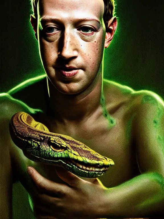 Image similar to portrait of a mark zuckerberg, skin peeling to reveal green! scales!, forked snake tongue sticking out, art by ryo shiotani and greg rutkowski, intricate, beautiful, portrait photography cinematic lighting, vintage art by serge ivanoff, high resolution, very detailed