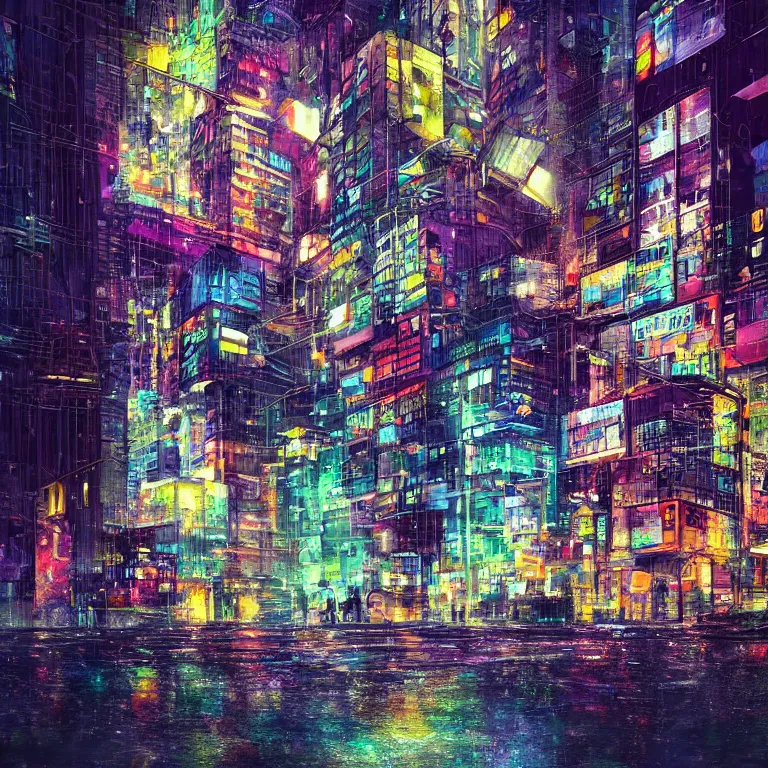 Image similar to A sad, melancholy cyberpunk city as seen through a rainy window, colorful, beautiful, striking, digital art