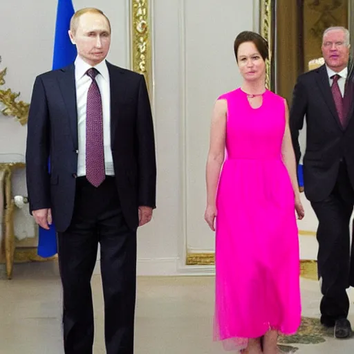 Image similar to Vladimir Putin in a pink dress, feminine looking