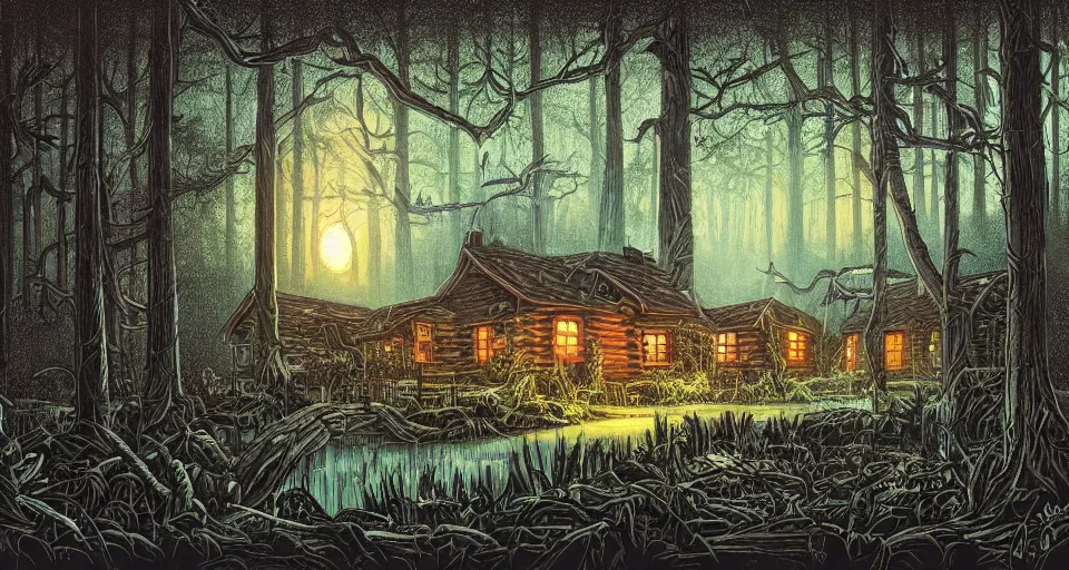 Image similar to A cozy cabin in a dense and dark enchanted forest with a swamp, by Dan mumford
