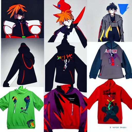 Prompt: gainax anime characters evangelion flcl fooly cooly wearing oversized hoodies balenciaga vetements, official art