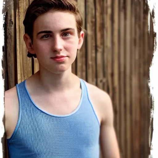 Prompt: Portrait of a 21 yo boy with natural brown hair, smooth pale skin. A Fischer net tank top. Blue sky.