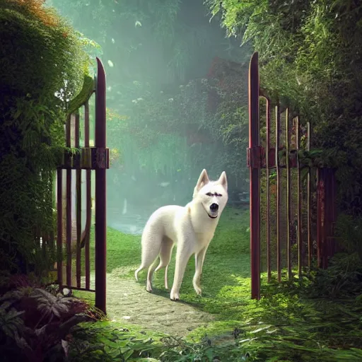 Image similar to gate leading to white alaskan husky in a alaskan lush vegetation, warm tones : by michal karcz, guillermo del toro, daniel merriam, victo ngai and : ornate, dynamic, particulate, intricate, elegant, highly detailed, centered, artstation, smooth, sharp focus, octane render