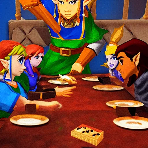 Prompt: king of hyrule eating dinner in the style of [ [ [ zelda ] ] ] cdi