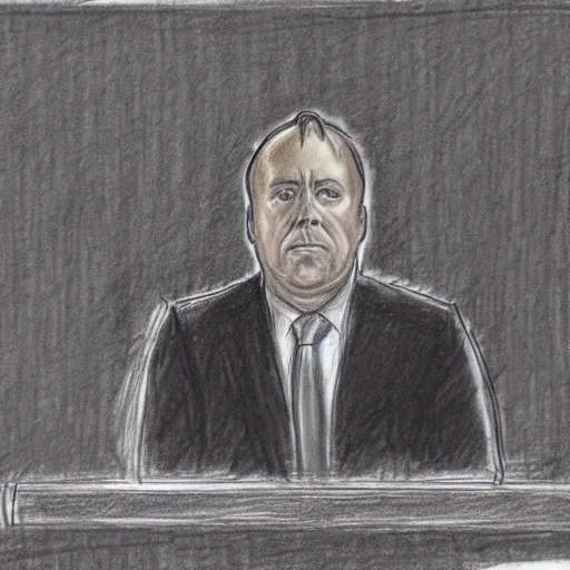 Prompt: Alex Jones in court pencil sketch