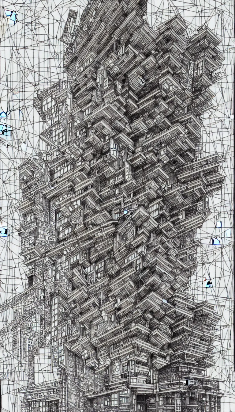 Image similar to a black and white drawing of a building, a detailed mixed media collage by hiroki tsukuda and eduardo paolozzi, intricate linework, sketchbook drawing, street art, polycount, deconstructivism, matte drawing, academic art, constructivism