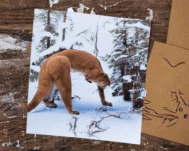 Image similar to ripped up postcard showing 'a cougar sleeping in the middle of snowy pine tree' laying on coffee table with stamp and damaged due to age, zoomed out shot, HD, iphone capture