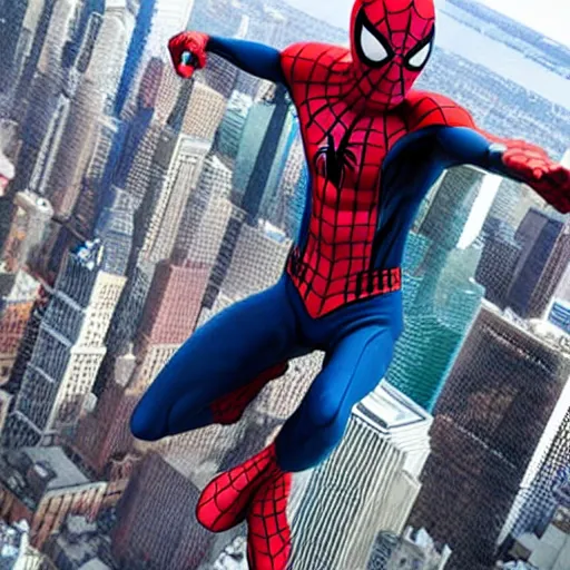 Prompt: marvel spider - man standing on top of the empire state building