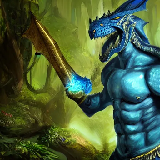 Image similar to A dragonborn with blue scales in a rainforest, trending on artstation, digital art