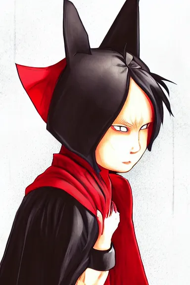 Image similar to little boy with cat ears in an black outfit with red cape. digital artwork made by lois van baarle and kentaro miura, sharpness focus, inspired by hirohiko araki, anatomically correct, heroic composition, hero pose, smooth, night city, hd