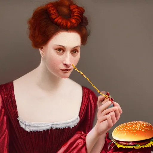 Prompt: victorian lady eating a burger, full body, intrincate, red and white, glitter, depth of field, 8k, hyper detailed, trending on artstation