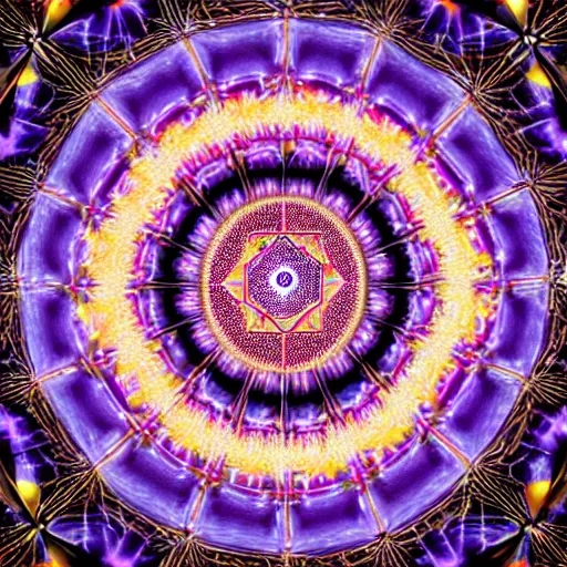 Prompt: fractals and sacred geometry designed in infinite repeating patterns, cinematic lighting, electric energy