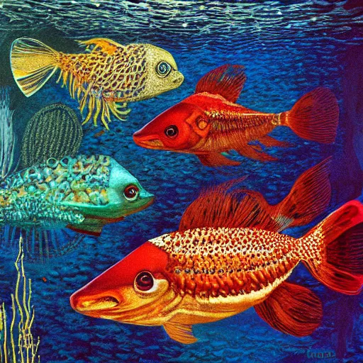 Image similar to weird fishes at the bottom of the sea, painting by robert wyland, layered texture