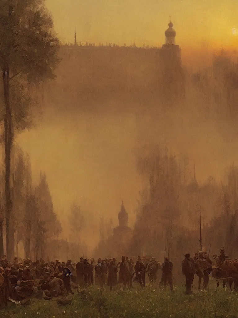 Prompt: a matte painting of russian revolution in 1 9 0 0 summer, matte painting, dusk, drama, by rozalski and peter ilsted, artstation