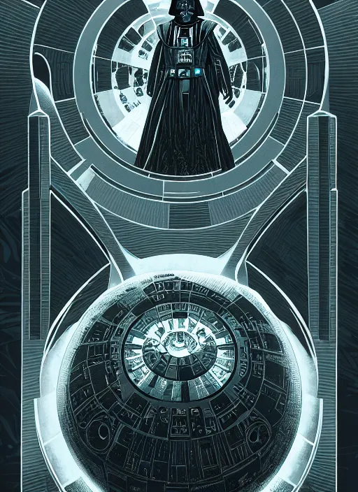 Prompt: platonic ideal luke skywalker, nazgul mandelbulb, deathstar, millenium falcon, detailed, darth vader, action pose, intricate, volumetric lighting, moebius, dan mumford, alphonse mucha, poster,