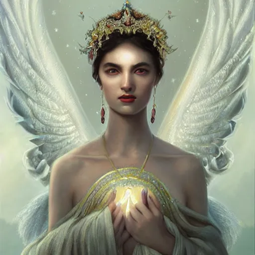 Image similar to A beautiful digital painting of a female angel full of jewels, princess, the moon behind her, intricate, cinematic lighting, highly detailed, digital painting, Artstation, concept art, smooth, sharp focus, illustration, art by Tom Bagshaw, Artgerm and Greg Rutkowski