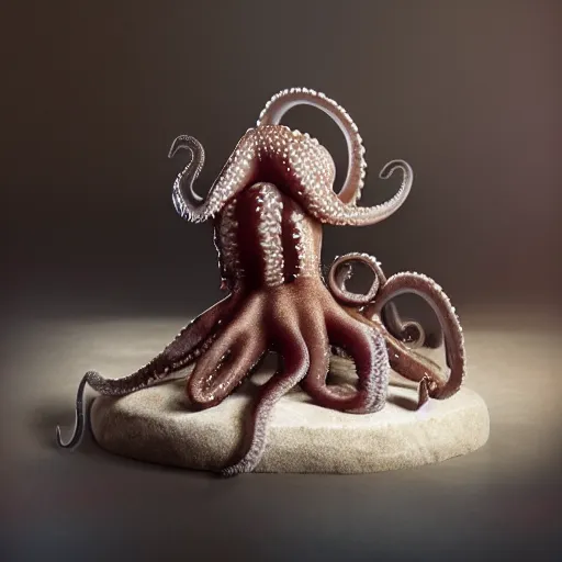 Prompt: an octopus sitting on top of a cat