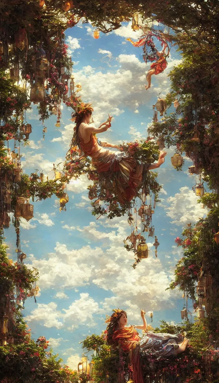 Image similar to wind deity enjoying the view from his stone heavenly palace, decorated with windchimes and paper lanterns, stunning nature and clouds in background, digital art, stanley artgerm lau, greg rutkowski, thomas kindkade, alphonse mucha, loish, norman rockwel