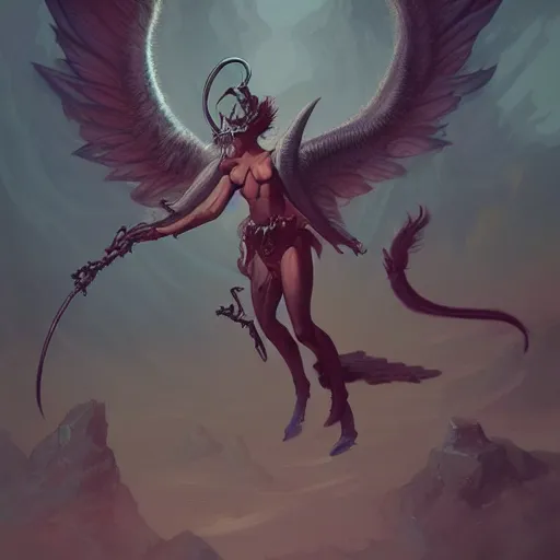 Image similar to detailed illustration of a fallen angel tiefling mythical creature by peter mohrbacher trending on artstation, highly detailed illustration