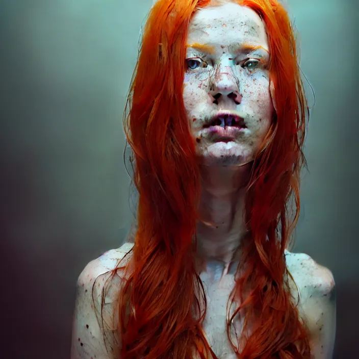Prompt: portrait of a redheaded woman with freckles. intricate abstract. intricate artwork. by Tooth Wu, wlop, beeple, dan mumford. octane render, trending on artstation, greg rutkowski very coherent symmetrical artwork. cinematic, hyper realism, high detail, octane render, 8k, chrome accents