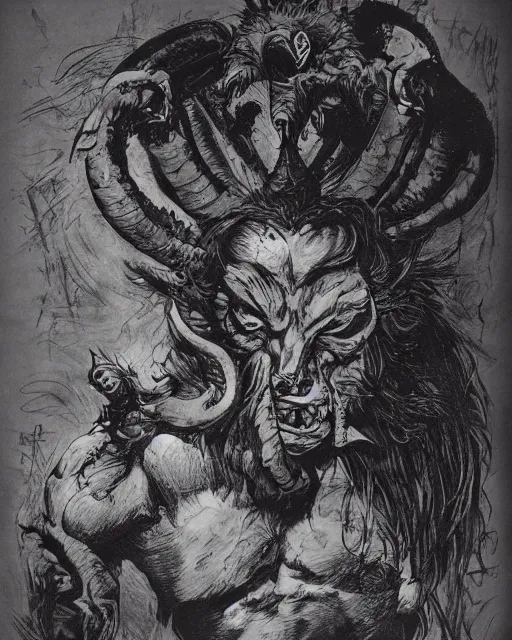 Image similar to a creature with the body and eyes of a man, with the beak of an eagle, the mane of a lion, and the horns of an ox. drawn by frank frazetta