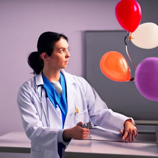 Image similar to evil doctor surgeon in hyperrealistic detailed style in a brightly lit room operating on a female patient and balloons are coming out of her abdomen