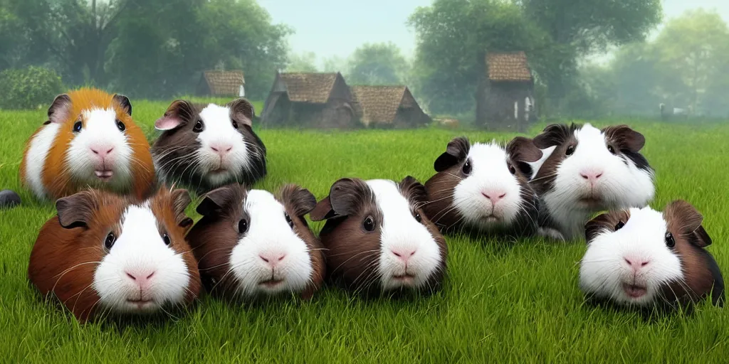 Prompt: a group of smiling and happy guinea pig that are in the grass in front of fairy village, concept art by senior environment artist, cgsociety, furry art, greg rutkowski, artstation hq, playstation 5 screenshot