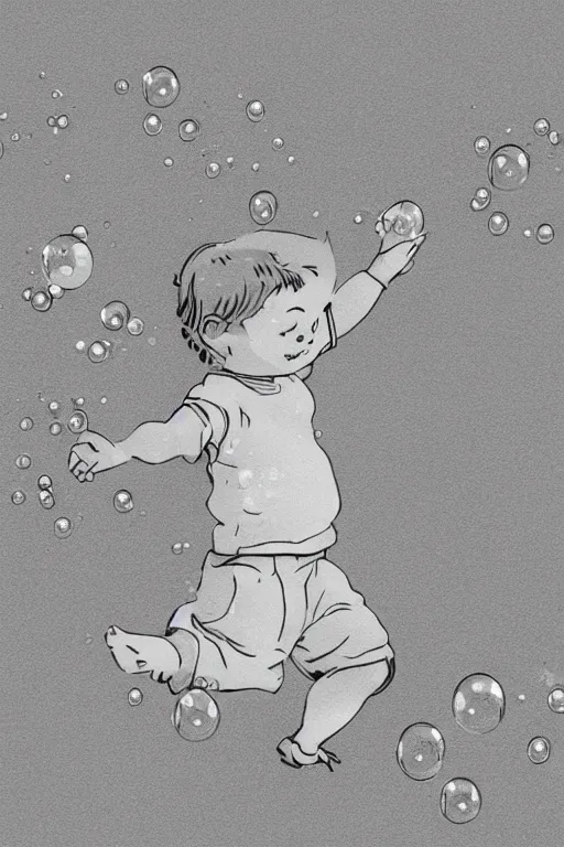 Image similar to a little boy with ginger hair chasing bubbles. clean elegant simple illustration, beautiful detailed face.