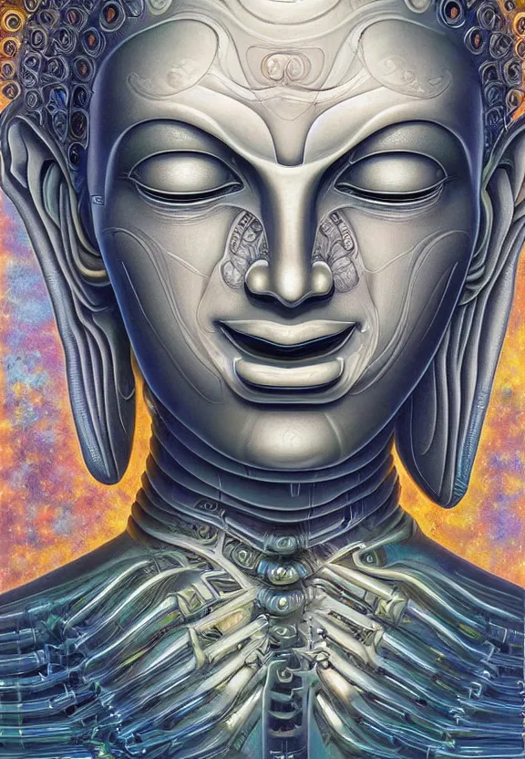 Prompt: a perfectly centered portrait of an alien biomechanical robot buddha, female, intense stare, sarcastic smile, volumetric lighting, volumetric shadows, highly detailed, psychedekic colors, realistic oil painting by tim hilderbrandt and alex grey,