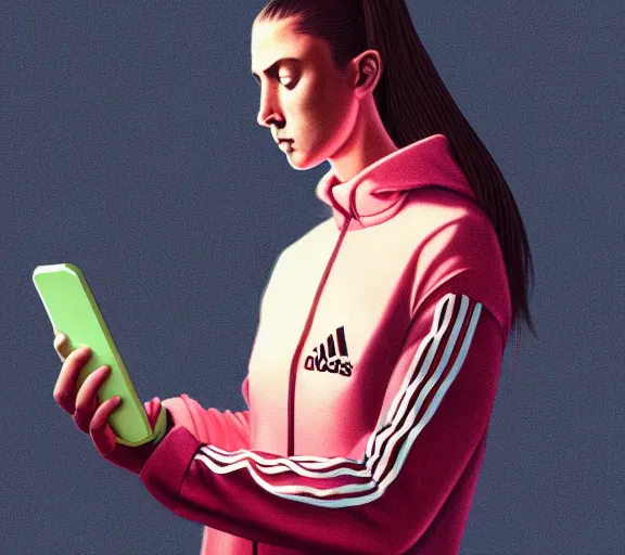 Image similar to portrait of slav heroine wearing an addidas tracksuit with a phone in hand. illuminated phone screen, by greg rutkowski and wlop, detailed, cinematic, 8 k, intricate, rule of thirds.