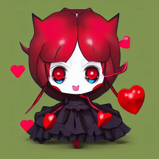 Prompt: cute fumo plush of a void imp who crawled out a hole in reality, anime girl, black and red, green ribbon and heart, ruffled and tattered dress, symmetry, gothic, melting crayons, glow, vray