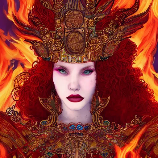 Prompt: Redhead Fire Priestess, wild hair, in a beautiful flowing red dress surrounded by flames, clothes, intricate hellish decoration on the dress, on the background of an ancient cathedral, Designer clothes, vouge photo, fashion style, fullbody, in full growth, intricate, elegant, highly detailed, artstation, concept art, smooth, sharp focus, illustration, art by greg rutkowski and orientalism and bouguereau and Zdzislaw Beksinski, good clear quality, lighting, biology, symmetrical artwork, perfect face, 135 mm, cinematic, hyper realism, high detail, octane render, 8k, chrome accents