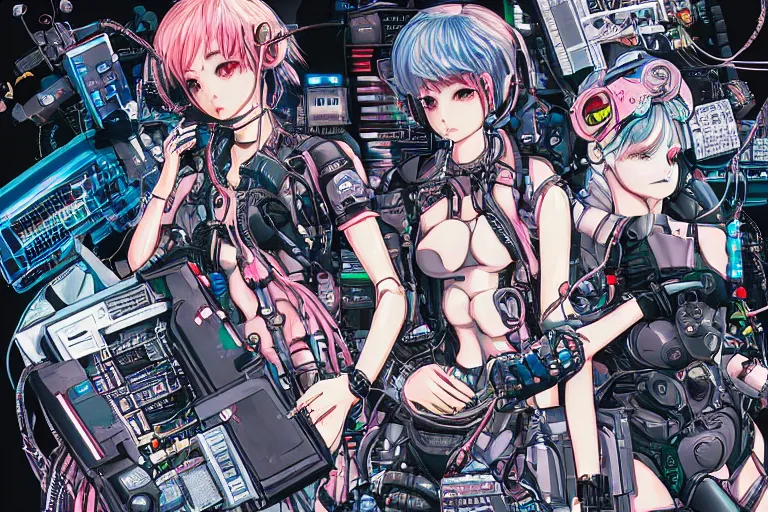 Image similar to cyberpunk anime illustration of a group of female android dolls lying on an empty white background in various poses with their bodies open showing a mess of wires and cables coming out, by katsuhiro otomo and masamune shirow, hyper-detailed, colorful, beautiful, manga, bird view