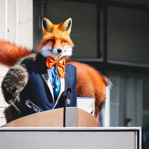 Image similar to a fox animal dressed in a suit giving a presidential speech, 8 5 mm f / 1. 4